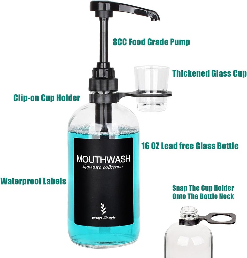 onsogi Clear Glass Mouthwash Dispenser with Black Cup Holder and Pump, 16 Oz Rustic Boho Mouthwash Dispenser for Bathroom Farmhouse Decor - 1 Pack - Image 4